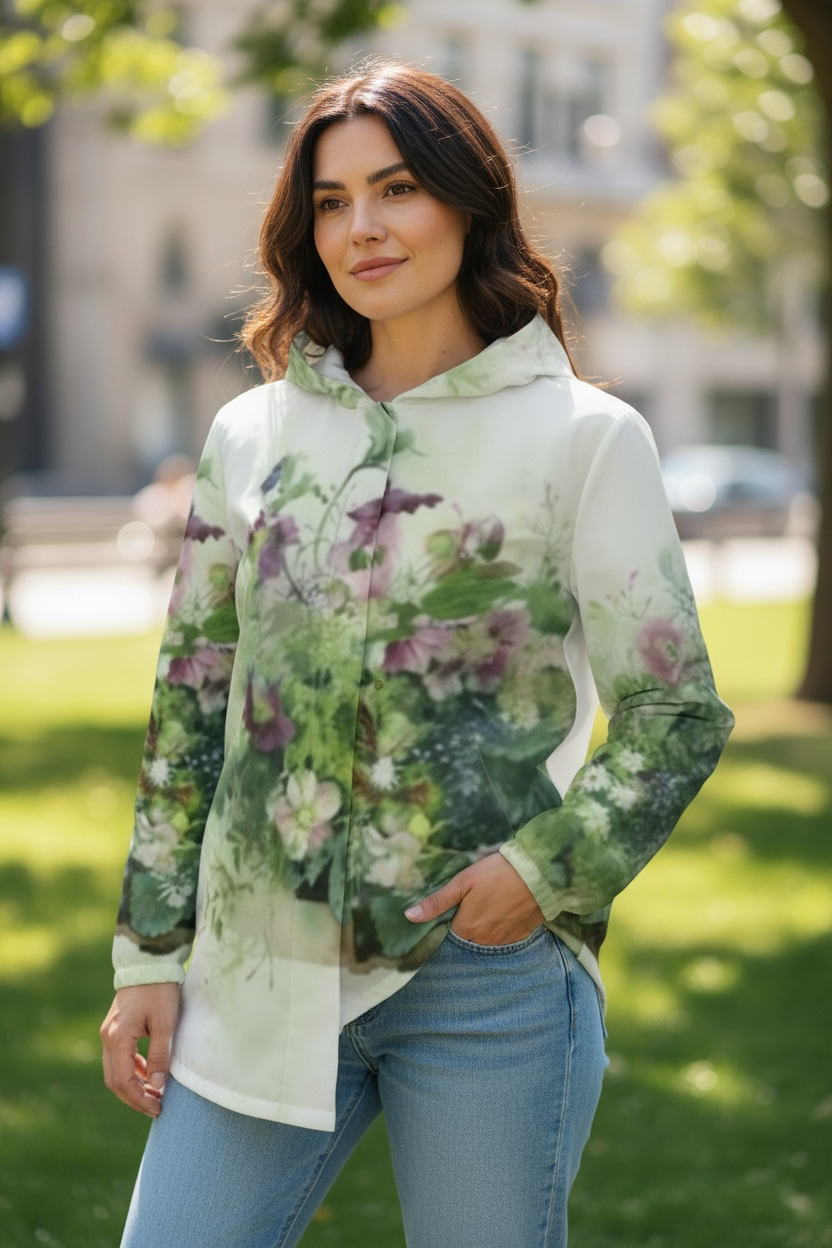 クリスマスローズとジャスミン全面柄レインコート　防水ジャケット