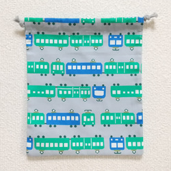 ☆ラスト１セット☆ 110cm のんびり電車（グレー）ゴム紐 子供用エプロン・三角巾・巾着袋セット 11枚目の画像