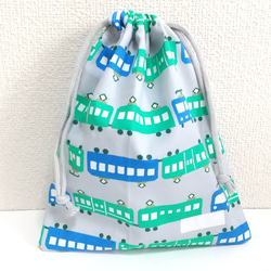 ☆ラスト１セット☆ 110cm のんびり電車（グレー）ゴム紐 子供用エプロン・三角巾・巾着袋セット 9枚目の画像