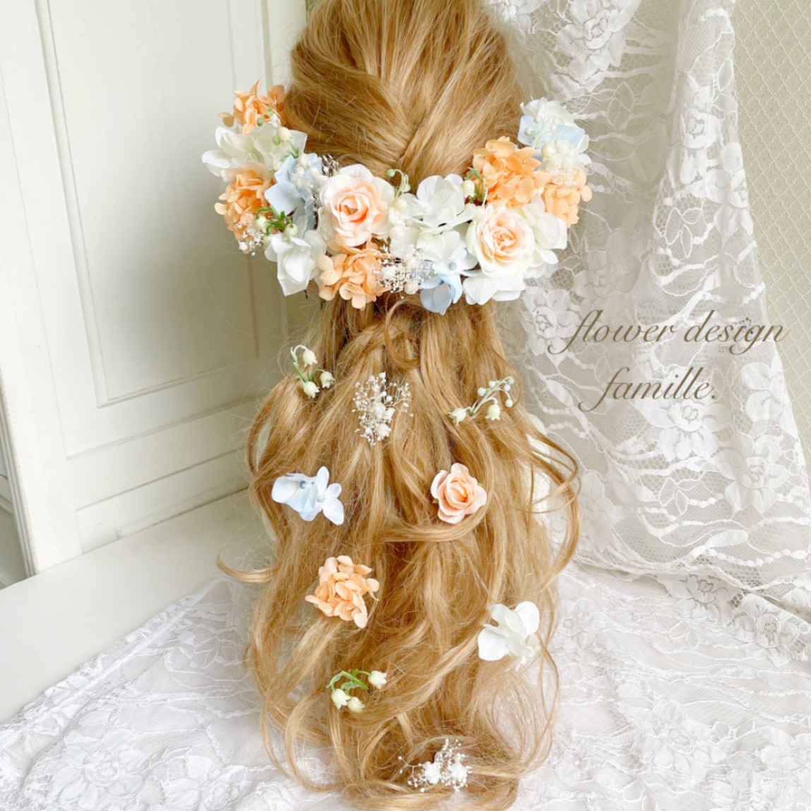 ウェディング　成人式　卒業式　発表会　前撮り　髪飾り　✧　オレンジ　白　すずらん　プリンセスのヘッドドレス　：133