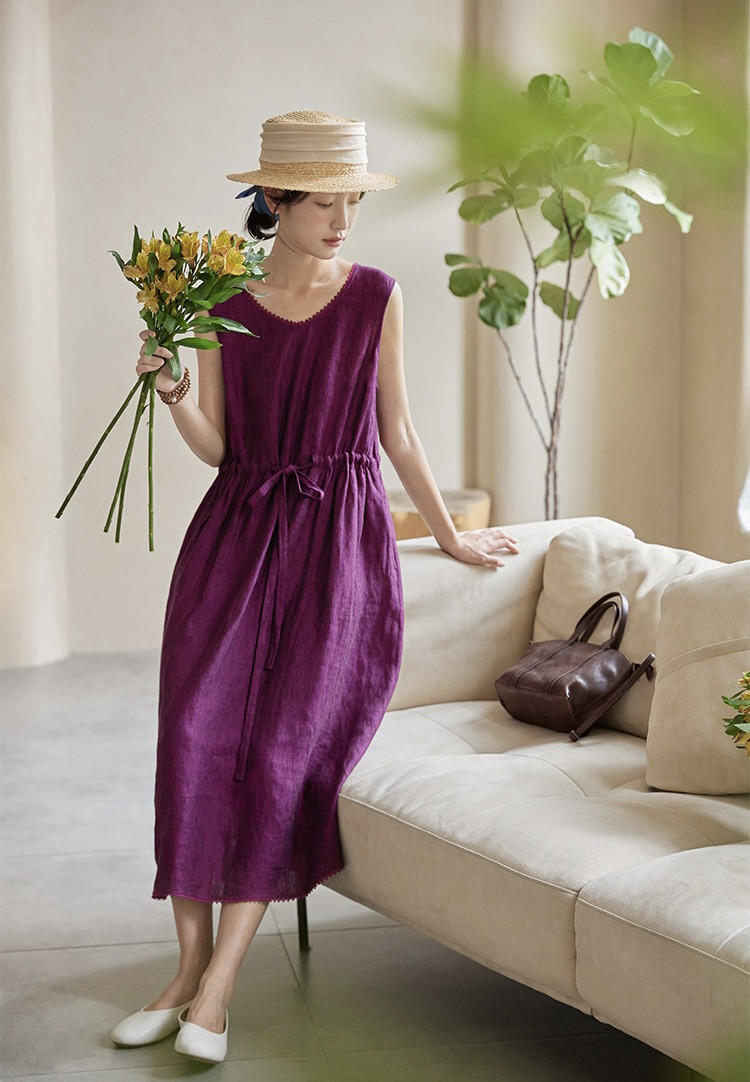 先染めフレンチリネン/麻100%】レースのノースリーブロング