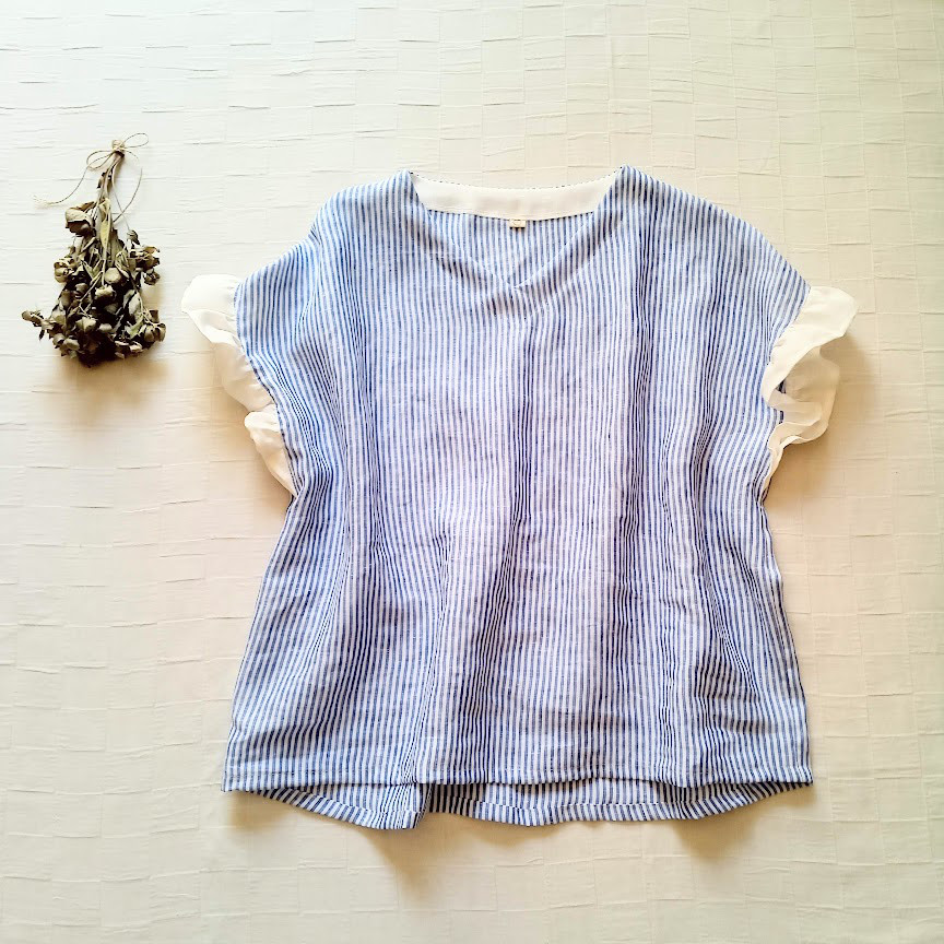 フリル袖ブラウス　ブルーストライプ × 白フリル　涼しい！薄手リネン100%
