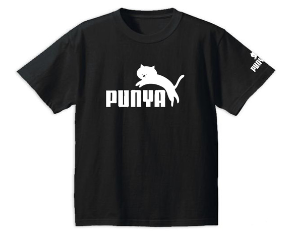 S～3XL/5ozパロディ】プーニャ猫(袖プリント)半袖Tシャツ面白い猫好き