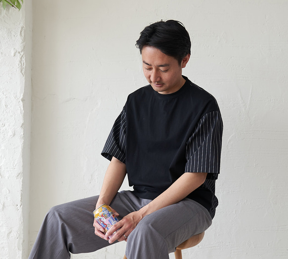 Morino Gakko 男襯衫對接 T 卹（黑色） 第4張的照片