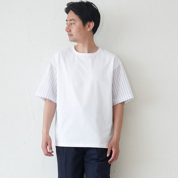 Morino Gakko 男襯衫對接 T 卹（白色） 第1張的照片