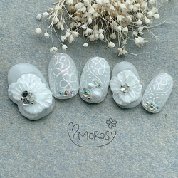 MOROSY224☆ブライダルネイル ウェディング パール 結婚式 レース 3D お花 白 ホワイト ネイルチップ 3枚目の画像