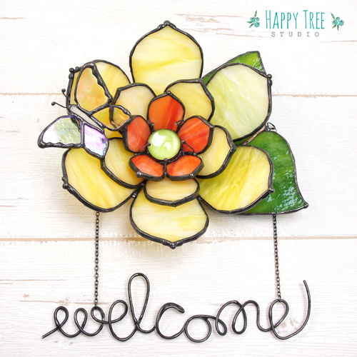 ステンドグラス　置物　飾り ステンドグラス 立体お花と蝶の壁飾り 置物 ブルー 大人可愛い ギフト