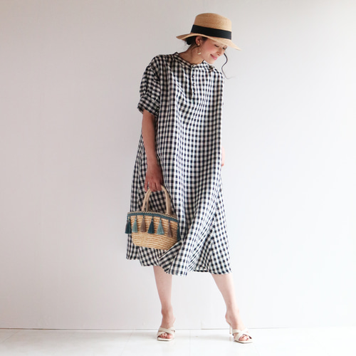 洗える【ギンガムチェック】涼感ハーフリネンパフスリーブボリューム