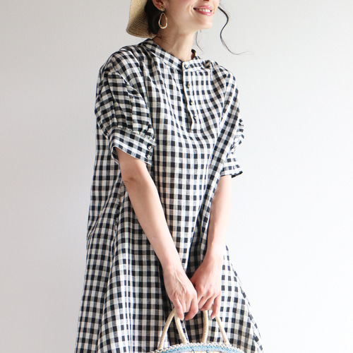 洗える【ギンガムチェック】涼感ハーフリネンパフスリーブボリューム