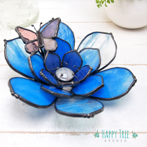ステンドグラス 立体お花と蝶の壁飾り 置物 ピンク 大人可愛い ギフト