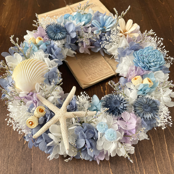 青のリース＊プリザーブド紫陽花＊シェルリース リース 花＊花 通販