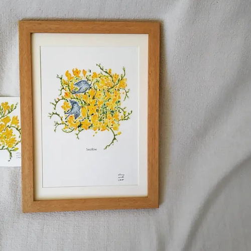 燕と黄色いお花 oilpastel A4サイズ 原画のみ 絵画 aru and coco