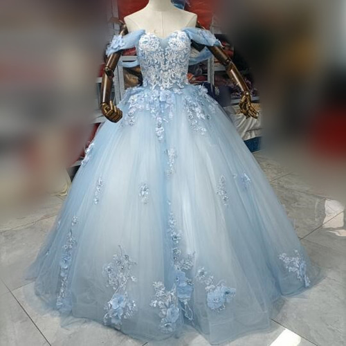 高品質！薄青カラードレス 3D立体レース刺繍 ベアトップ 編み上げ  