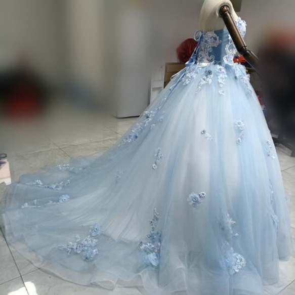 高質量！淺藍色連衣裙 3D立體蕾絲刺繡裸上衣繫帶喇叭裙新娘/婚禮/繼任 第8張的照片