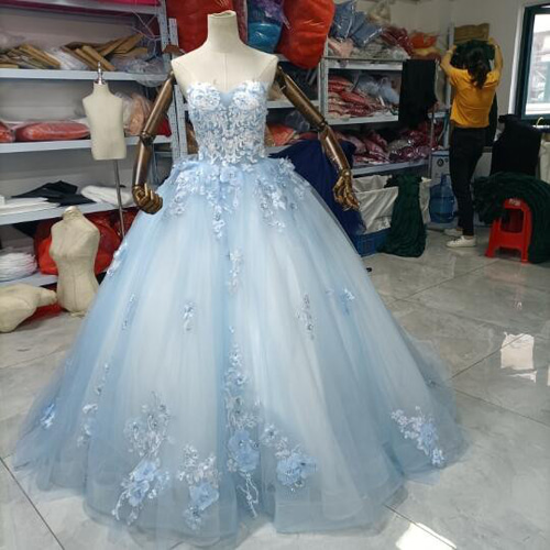 高品質！薄青カラードレス 3D立体レース刺繍 ベアトップ 編み上げ  