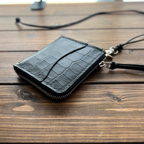 本革 ネックウォレット L字型 クロコ型押しブラック】 その他ミニ財布