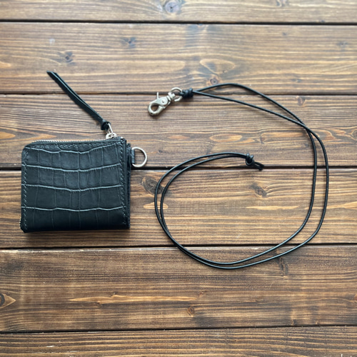 本革 ネックウォレット L字型 クロコ型押しブラック】 その他ミニ財布