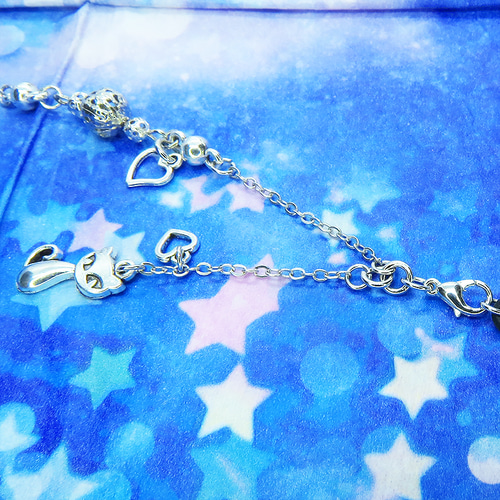 アンティークシルバーの猫とメタルビーズのメガネチェーン＆マスク