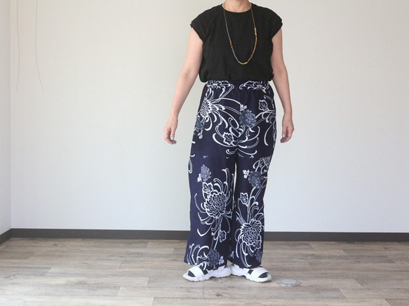 着物リメイク 大輪菊模様浴衣ワイドパンツ キュロット・ワイドパンツ