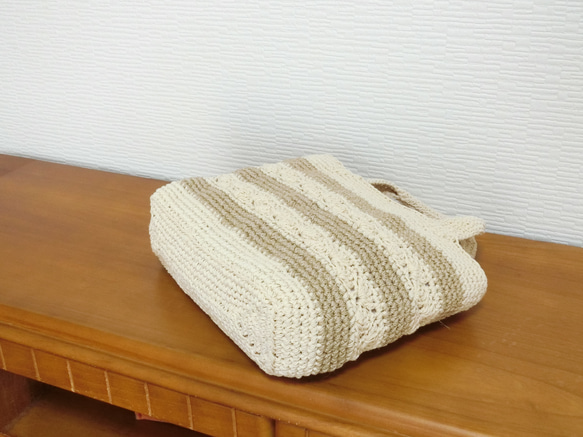 生成り綿麻手編みミニトートバッグ　松編み　 3枚目の画像