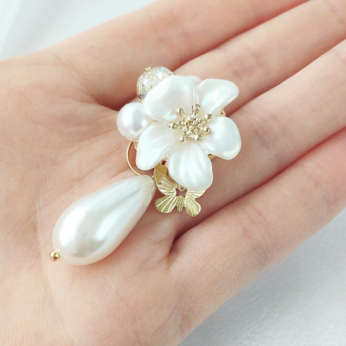 2way 麗しい艶 雫パールフラワー 痛くないイヤリング チタンピアス