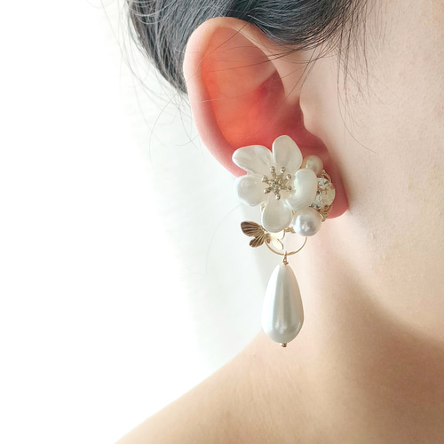 2way 麗しい艶 雫パールフラワー 痛くないイヤリング チタンピアス