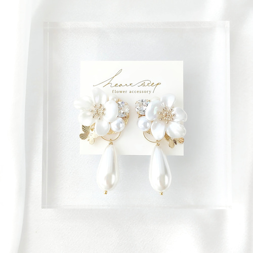 2way 麗しい艶 雫パールフラワー 痛くないイヤリング チタンピアス