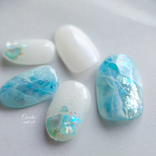 No.70 ネイルチップ ジェルネイル 夏 水色 青 ブルー 海 ニュアンス