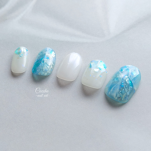 No.70 ネイルチップ ジェルネイル 夏 水色 青 ブルー 海 ニュアンス