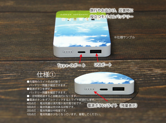 モバイルバッテリー5000mAh（蓄電用コード付き）【にゃんこのしっぽ（夏空）】 【名入れ可】 5枚目の画像