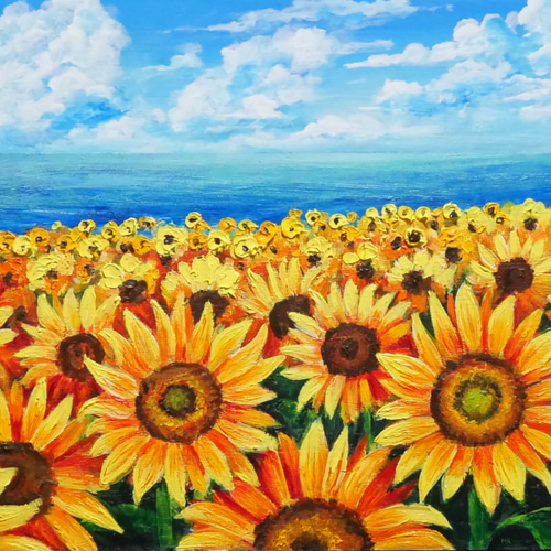 【ファッション通販】の商品をすべて 油絵 油彩 HR 絵画 【海のひまわり畑】【B4】 絵画 絵 油彩画 絵画