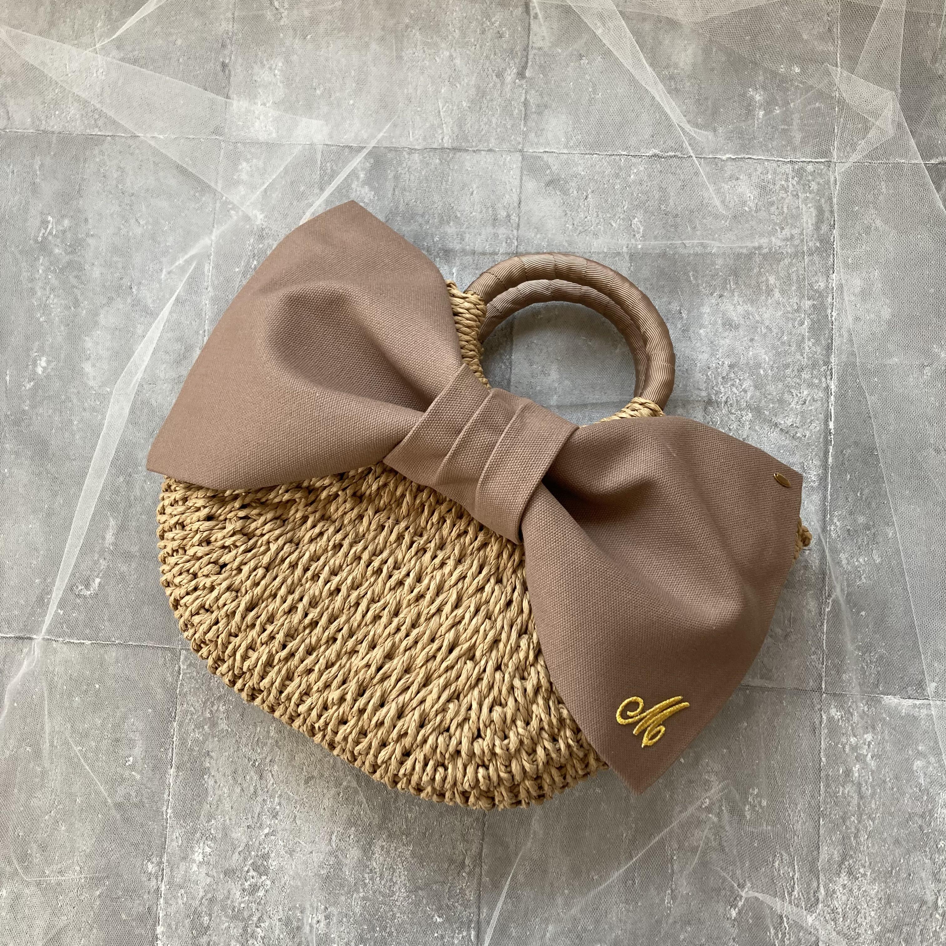 大きいリボンがかわいい♡カゴ風バッグ　パープル　小さめ　My name bag カゴバッグ　リボンバッグ