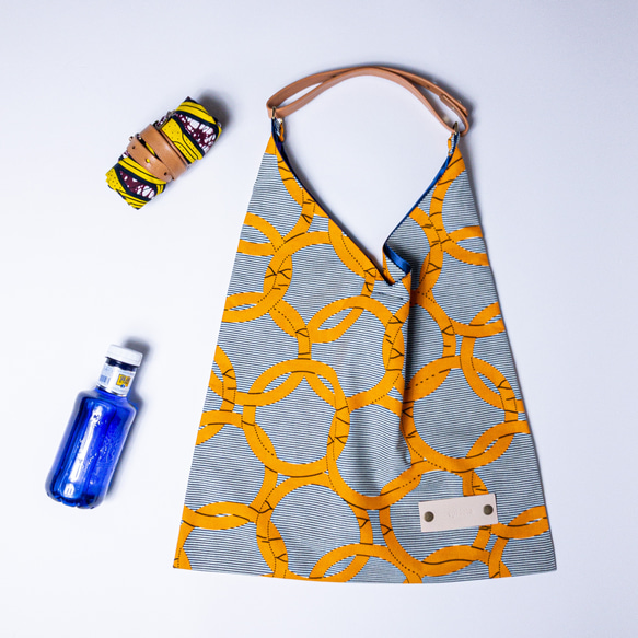 African print × Real leather Folding bag  yellow/st 1枚目の画像