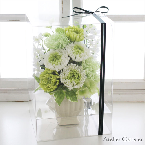 プリザーブドフラワー 仏花＜トワ Lサイズ＞ホワイト×グリーン 菊