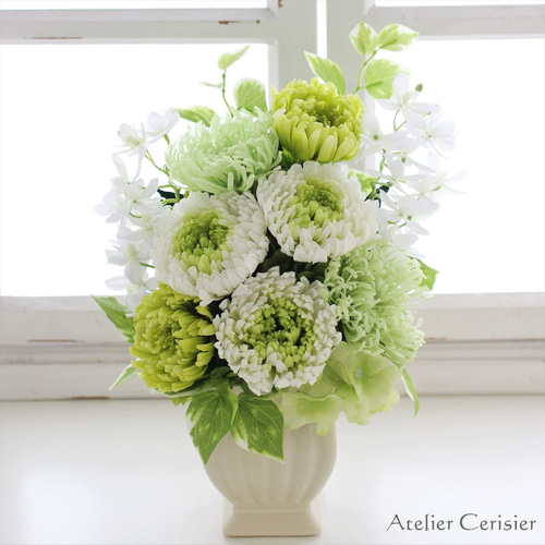 プリザーブドフラワー 仏花＜トワ Lサイズ＞ホワイト×グリーン 菊