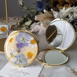 コンパクトミラー 四角 手鏡 ゴールド ブルー 青 水色 本物のお花 上品