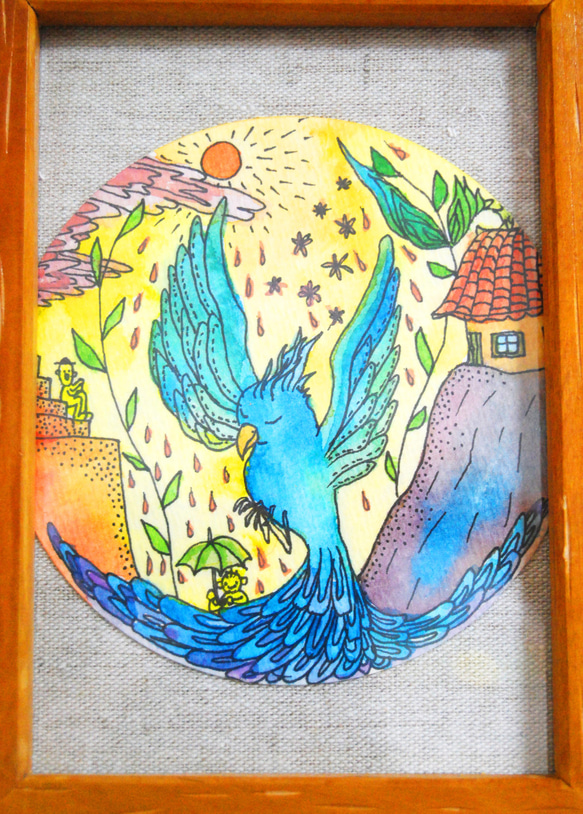 飛翔　幸せの青い鳥　水彩画　インテリア　部屋飾り　ポストカード 1枚目の画像