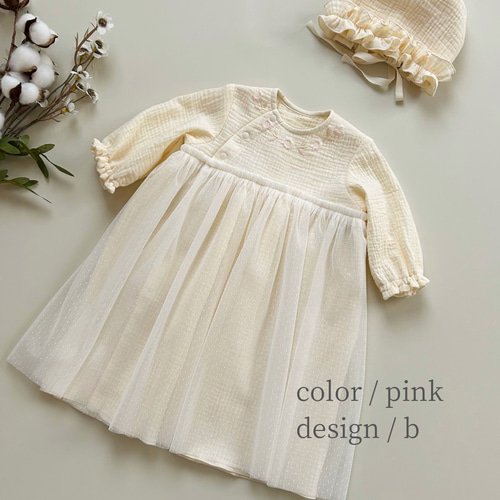 手刺繍のベビーセレモニードレス｜newborn｜ivory・pink｜ボンネット
