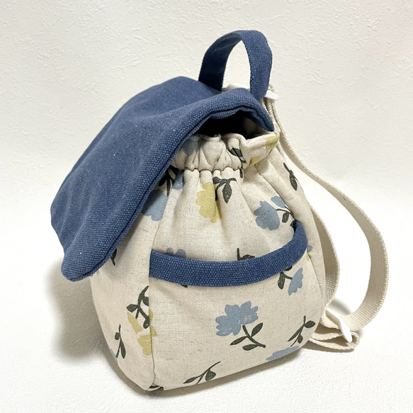 親子ペア　トークバッグ&ベビーリュック　花柄✖︎青 8枚目の画像