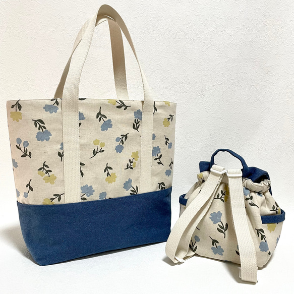 親子ペア　トークバッグ&ベビーリュック　花柄✖︎青 2枚目の画像