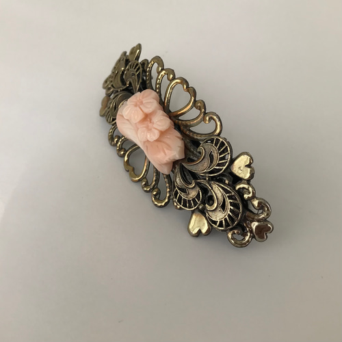 訳あり値下げ☆珊瑚バレッタ・髪飾り＊ピンク珊瑚花彫刻・いぶしカラー