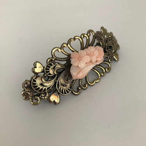 訳あり値下げ☆珊瑚バレッタ・髪飾り＊ピンク珊瑚花彫刻・いぶしカラー