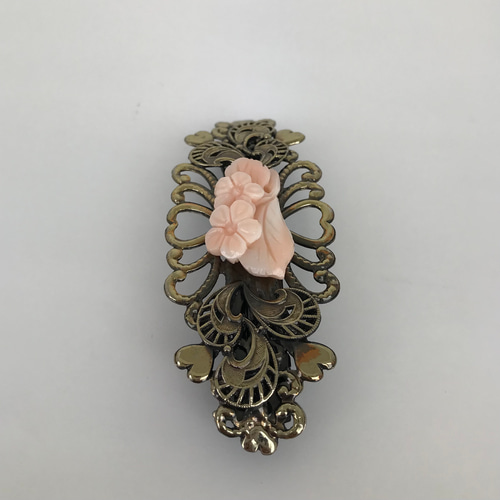 訳あり値下げ☆珊瑚バレッタ・髪飾り＊ピンク珊瑚花彫刻・いぶしカラー