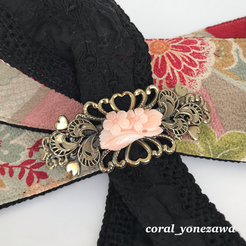 訳あり値下げ☆珊瑚バレッタ・髪飾り＊ピンク珊瑚花彫刻・いぶし