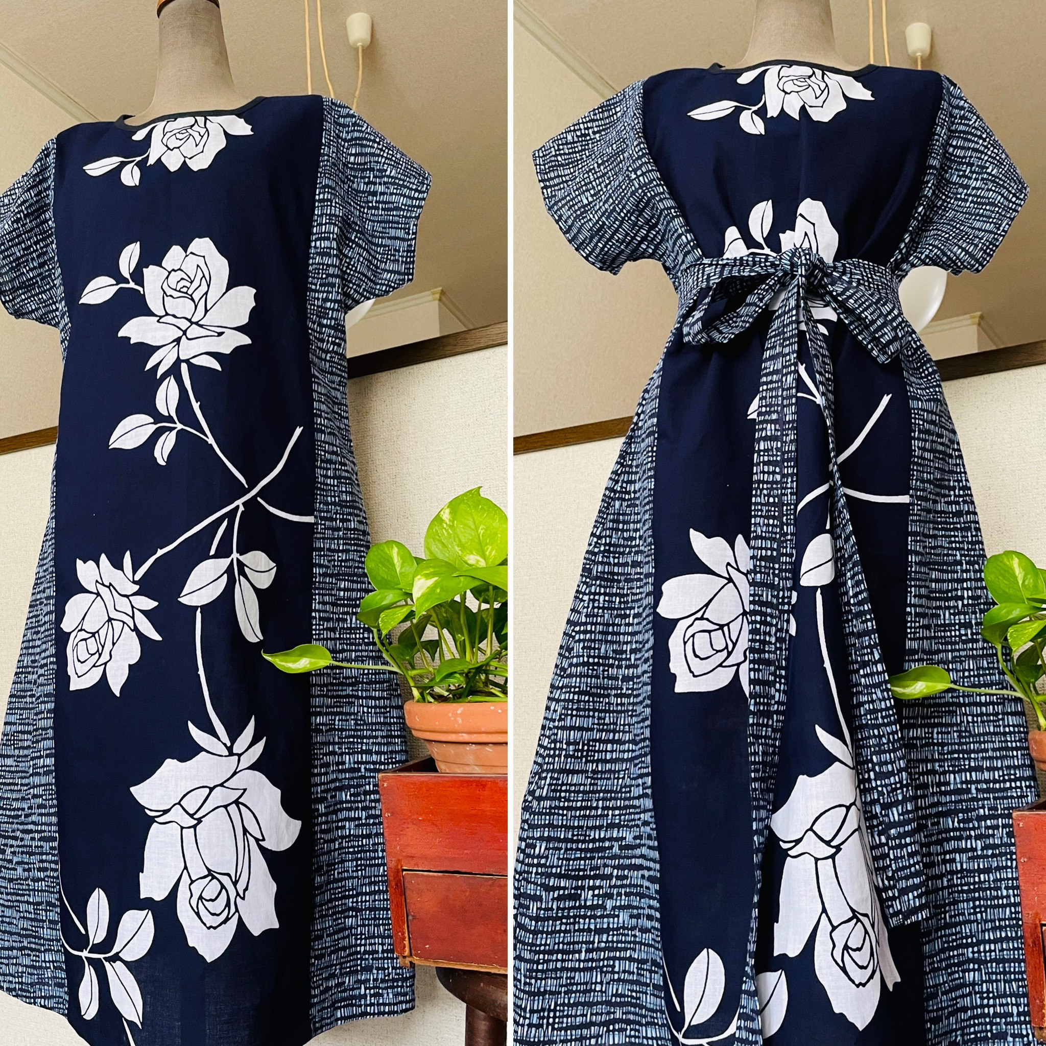 夏ワンピース 浴衣リメイク ロングワンピース 薔薇＆男物浴衣