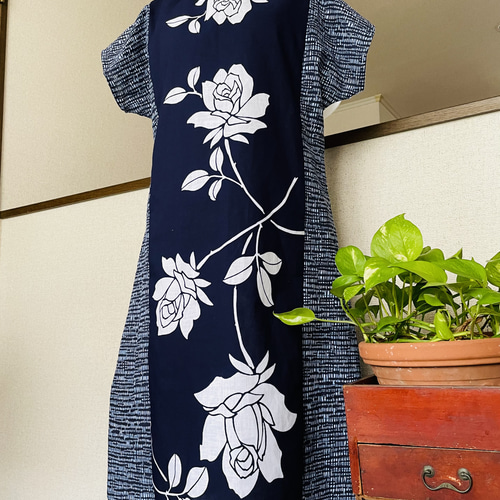 夏ワンピース 浴衣リメイク ロングワンピース 薔薇＆男物浴衣