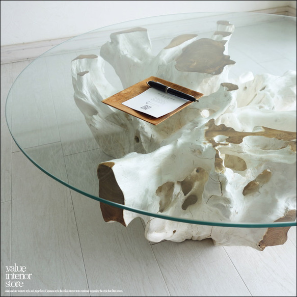 チークガラステーブルZ/1 座卓 円卓 円形テーブル センターテーブル リビングテーブル 座敷机 プリミティブ 一点物 6枚目の画像