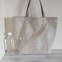 木々と鳥 シンプルトート  ２色展開　コットンリネン 北欧柄　エコバッグサブバッグ 13枚目の画像