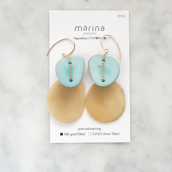 14kgf Light Blue x Beige Tagua Nuts slices earrings タグア 2枚目の画像