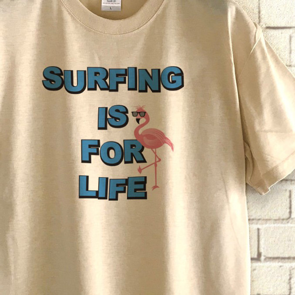 Surfing is for life / Flamingo サーフＴシャツ / BEIGE 1枚目の画像